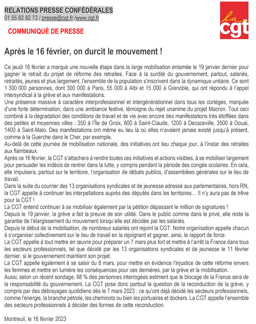 CP CGT Apres le 16 fevrier on durcit le mouvement
